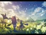  animal_ears backpack bag blue_sky clenched_hand clouds copyright_name day facing_away field grass green_hair horns kuina_(escapegoat) long_hair mountainous_horizon nasse_piratelcer outdoors pixiv_fantasia_mountain_of_heaven scenery sheena_(mountain_of_heaven) sky snowflakes snowing walking white_hair 