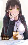  1girl bangs black_hair black_jacket black_vest blunt_bangs blush breasts bubble_tea cake commentary english_commentary food hews highres jacket jewelry large_breasts long_hair long_sleeves looking_at_viewer necklace open_clothes open_jacket original pendant shirt smile solo vest white_shirt yellow_eyes 