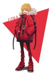  1girl absurdres blonde_hair blue_eyes character_name english_text eyebrows_visible_through_hair fur-trimmed_hood fur_trim hands_in_pockets highres hood hood_down hooded_jacket jacket looking_at_viewer open_mouth original pouch red_footwear red_jacket red_theme simple_background smile solo standing teeth tongue triangle upper_teeth white_background yoon_cook 