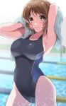  1girl armpits arms_up bangs black_swimsuit blurry blurry_background breasts brown_eyes brown_hair commentary competition_swimsuit cowboy_shot depth_of_field drying eyebrows_visible_through_hair girls_und_panzer highres holding holding_towel komekueyo large_breasts looking_at_viewer nishizumi_miho one-piece_swimsuit open_mouth pool short_hair smile solo standing swimsuit towel wet 