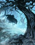  1boy anatofinnstark armor artist_name bare_tree black_cloak cloak fog forest horse lord_of_the_rings nature nazgul outdoors riding scenery solo torn_cloak torn_clothes tree 