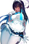  1girl ahoge apron aqua_hair aqua_ribbon bangs black_hair blue_archive breasts colored_inner_hair commentary_request covered_mouth dark_skin dark-skinned_female dated food frills from_below fruit gloves halo hand_up highres holding holding_food karin_(blue_archive) large_breasts looking_to_the_side maid maid_apron maid_headdress multicolored_hair puffy_short_sleeves puffy_sleeves ribbon shiromonefu short_sleeves sidelocks skirt solo standing strawberry thigh_gap two-tone_hair white_apron white_background white_gloves white_legwear yellow_eyes 