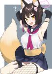  1girl ? absurdres animal_ear_fluff animal_ears armpits arms_behind_head arms_up bangs bare_shoulders black_hair blue_archive blue_skirt blush breasts brown_eyes commentary_request eyebrows_visible_through_hair fang fishnet_legwear fishnets fox_ears fox_girl fox_mask fox_tail highres izuna_(blue_archive) kunai looking_at_viewer mask mask_on_head medium_breasts omucchan_(omutyuan) open_mouth pleated_skirt shirt single_thighhigh sitting skirt sleeveless sleeveless_shirt solo sweat tail thigh-highs weapon white_shirt yokozuwari 