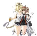  ... 2girls absurdres alcohol angelina_(arknights) animal_ears arknights beer beer_mug blush candy closed_eyes cup drunk food fox_ears fox_girl gloves headband highres jacket jacket_removed lion_ears lion_girl lion_tail lollipop mug multiple_girls oripathy_lesion_(arknights) shorts siege_(arknights) speech_bubble tail tank_top xiaohuanjie 