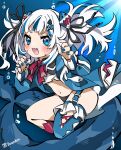  1girl bangs blue_eyes blue_hair fish_tail gawr_gura highres hololive hololive_english looking_at_viewer multicolored_hair navel open_mouth shark_tail sharp_teeth smile solo streaked_hair tail teeth virtual_youtuber 