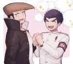  2boys :d armband bangs black_coat black_hair blush breast_pocket brown_hair buttons closed_eyes coat collarbone commentary_request dangan_ronpa:_trigger_happy_havoc dangan_ronpa_(series) dragon_print embarrassed gakuran grey_background hands_clasped hands_together hands_up highres holding_hand ishimaru_kiyotaka jacket long_sleeves looking_away male_focus medium_hair mizukura_ion multiple_boys oowada_mondo open_mouth otoko_no_ko own_hands_together pocket pompadour school_uniform shirt short_hair smile sparkle speech_bubble spiky_hair sweatdrop teeth upper_body white_jacket white_shirt 