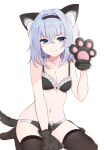  1girl animal_ear_fluff animal_ears bare_arms bare_shoulders black_bra black_legwear black_panties blue_eyes bra breasts cat_ears cat_girl cat_tail closed_mouth collarbone gloves hairband hand_up lingerie looking_at_viewer medium_hair navel no_shoes panties paw_gloves paws ryuuou_no_oshigoto! shichimiyagin silver_hair simple_background sitting small_breasts solo sora_ginko stomach tail thigh-highs underwear underwear_only v-shaped_eyebrows wariza white_background 