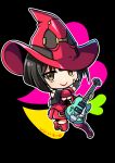  1girl black_hair boots chibi electric_guitar guilty_gear guitar hat i-no instrument red_headwear red_legwear short_hair thigh-highs thigh_boots witch_hat 