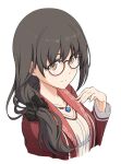  1girl alice_gear_aegis black_hair black_scrunchie blush brown_eyes garyu_emi glasses highres jewelry necklace pinakes round_eyewear scrunchie shirt simple_background smile solo upper_body white_background white_shirt 