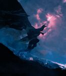  anatofinnstark ancalagon clouds cloudy_sky dragon from_side glowing glowing_eye highres lord_of_the_rings mountain no_humans open_mouth red_sky scenery sky stone 