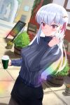  1girl bangs black_skirt blush breasts circlet coffee_cup cup disposable_cup earrings fate/grand_order fate_(series) grey_sweater hair_ribbon highres jewelry kama_(fate) large_breasts long_hair long_sleeves looking_at_viewer pout red_eyes ribbed_sweater ribbon silver_hair skirt sweater turtleneck turtleneck_sweater yuki-sky 