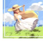  1girl adjusting_clothes adjusting_headwear arm_up bare_shoulders blue_sky clouds cloudy_sky collarbone commentary_request day dress grass green_eyes hat looking_at_viewer off-shoulder_dress off_shoulder outdoors princess_zelda sky solo standing straw_hat the_legend_of_zelda the_legend_of_zelda:_breath_of_the_wild thick_eyebrows werlosk white_dress wind 