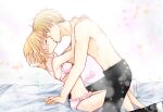  1boy 1girl arms_around_neck bed_sheet black_pants blonde_hair bra cardcaptor_sakura closed_eyes couple french_kiss frilled_bra frilled_panties frills from_side groin hand_in_another&#039;s_hair hetero kanaoto_neiro kinomoto_sakura kiss li_xiaolang off_shoulder on_bed panties pants pink_bra pink_panties short_hair signature sitting sitting_on_bed sketch socks topless underwear underwear_only white_background white_legwear 