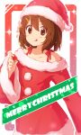  1girl :p atu brown_eyes brown_hair christmas collarbone cosplay eyebrows_visible_through_hair hair_between_eyes hair_ornament hairclip hat highres hirasawa_yui k-on! medium_hair santa_costume santa_hat standing tareme tongue tongue_out twitter_username wide_sleeves 