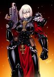  1girl adepta_sororitas armor bolt_pistol bolter chain embers english_commentary eyebrows_visible_through_hair fleur_de_lis gun highres holding holding_gun holding_weapon looking_to_the_side pauldrons pouch power_armor rosary ryuusei_(mark_ii) scar scar_across_eye shoulder_armor signature sister_of_battle skull solo warhammer_40k weapon white_hair 