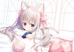  1girl animal_ear_fluff animal_ears ball bangs blurry blurry_background cat_ears cat_girl cat_tail commentary_request depth_of_field dress eyebrows_visible_through_hair frilled_pillow frills grey_hair hair_between_eyes hair_ribbon indoors long_hair long_sleeves looking_at_viewer lying nakkar no_shoes on_stomach original pantyhose pillow pink_ribbon ribbon sleeves_past_wrists soles solo tail violet_eyes white_dress white_legwear window 