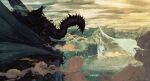  1boy anatofinnstark armor black_cloak city claws cloak clouds cloudy_sky creature crown fellbeast from_side highres lord_of_the_rings minas_tirith mountain mountainous_horizon nazgul outdoors sky wings witch_king_of_angmar 