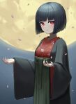  1girl bangs black_hair blunt_bangs bob_cut commission eyebrows_visible_through_hair floral_print full_moon green_hakama hakama highres japanese_clothes kawara_pigeon kimono long_sleeves looking_at_viewer moon night night_sky open_clothes original outdoors parted_lips petals print_kimono red_eyes red_kimono short_hair sky solo wide_sleeves 