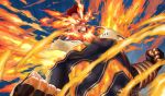  1boy 4o080_yotabnc abs action beard boku_no_hero_academia clenched_teeth commentary_request constricted_pupils facial_hair fiery_background fiery_hair fighting_stance fire flaming_eye highres male_focus muscular mustache skin_tight solo spiky_hair teeth todoroki_enji 
