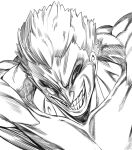  1boy black_sclera clenched_teeth collarbone colored_sclera greyscale hatching_(texture) highres kengan_ashura male_focus monochrome muscular muscular_male shirtless simple_background smile solo teeth upper_body urec white_background 