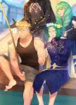  1girl 3boys ? armor bangs bare_shoulders barefoot beard blonde_hair byleth_(fire_emblem) byleth_eisner_(male) cape circlet closed_mouth confused dagger dock dress drill_hair english_commentary eyebrows_visible_through_hair facial_hair father_and_son fire_emblem fire_emblem:_three_houses fishing_rod flayn_(fire_emblem) garreg_mach_monastery_uniform gloves green_eyes green_hair hair_ornament hand_on_another&#039;s_shoulder head_wreath highres holding jeralt_reus_eisner long_hair long_sleeves multiple_boys open_mouth scar scar_on_arm scar_on_chest scar_on_face seteth_(fire_emblem) shorts smile spoken_question_mark tank_top tunic uniform water weapon yellow_eyes zhineart 