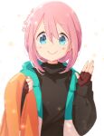  1girl atu bangs black_sweater blue_eyes fingerless_gloves gloves hair_between_eyes hand_up jacket kagamihara_nadeshiko looking_at_viewer pink_hair sidelocks simple_background smile solo sweater twitter_username upper_body white_background yurucamp 