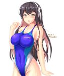  1girl black_hair blue_swimsuit collarbone competition_swimsuit fang hairband highleg highleg_swimsuit highres impossible_clothes impossible_swimsuit kantai_collection long_hair montemasa multicolored_hair naganami_(kancolle) one-piece_swimsuit open_mouth pink_hair remodel_(kantai_collection) simple_background solo swimsuit white_background white_hairband yellow_eyes 