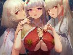  3girls alternate_costume anchor_necklace azur_lane breasts cape capelet commentary_request dido_(azur_lane) dress earrings eyebrows_visible_through_hair fireworks flower formidable_(azur_lane) fur-trimmed_capelet fur_trim hair_flower hair_ornament highres huge_breasts jewelry kioroshin light_purple_hair long_hair looking_at_viewer looking_to_the_side medium_hair multiple_girls open_mouth platinum_blonde_hair red_dress red_eyes revision sirius_(azur_lane) under_boob upper_body very_long_hair violet_eyes white_cape white_hair yellow_capelet 
