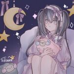  1girl bed bed_sheet comforter dull_eyes dull_hair grey_eyes grey_hair headband headdress knees_up leaning_back leaning_on_object leaning_on_pillow lolita moon night night_sky nightgown pajamas pigtails pillow pillow_behind_back plush plushie puffy_sleeves purple_background purple_ribbon ribbon sheep sky_background sleepy small_mouth sparkle_background sparkles stars streaked_hair stuffed_animal stuffed_sheep stuffed_toy tired toy 