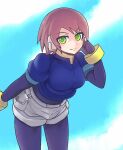  1girl aile_(rockman) bodystocking bracelet breasts brown_hair closed_mouth clouds gloves green_eyes jewelry looking_at_viewer robot_ears rockman rockman_zx short_hair shorts smile solo spandex 