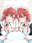  2girls absurdres alternate_costume blush breasts closed_mouth enmaided eyebrows_visible_through_hair hair_between_eyes highres idolmaster idolmaster_shiny_colors long_hair looking_at_viewer maid maid_headdress multiple_girls oosaki_amana oosaki_tenka open_mouth red_eyes shiitake_taishi siblings sisters smile twins upper_body white_background yellow_eyes 