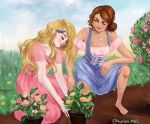 2girls alexa_(barbie) barbie barbie_in_the_diamond_castle barbie_movies bare_legs barefoot blue_dress blush brown_hair bun bustier closed_eyes corset dark_skin dating dirt domestic domestic_life dress feet feet_in_dirt feet_in_mud flower flower_behind_ear flower_field flower_in_hair flower_on_head friends garden gardener gardening girlfriends grass hair_in_bun hair_on_legs hair_pulled_back hairy_legs hand_on_knee heart_necklace historical lesbians liana_(barbie) looking_at_another matching_necklaces matching_outfit medieval necklace off_shoulder on_knees on_one_knee pink_dress pink_lips potted_plant princess princesses purple_dress roses sitting sitting_on_knees smiling squatting teresa teresa_(barbie) the_diamond_castle updo wavy_hair yuri 