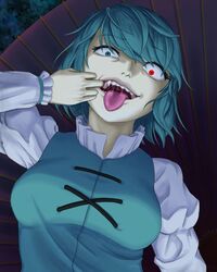  1girl bangs blue_eyes blue_hair blue_vest breasts commentary_request constricted_pupils eyebrows_visible_through_hair fangs frilled_shirt frills glowing glowing_eye heterochromia juliet_sleeves karakasa_obake long_sleeves looking_at_viewer medium_breasts mouth_pull open_mouth parasite_oyatsu puffy_sleeves red_eyes saliva shirt short_hair solo tatara_kogasa teeth tongue tongue_out touhou umbrella upper_body vest white_shirt 