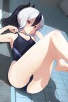  1girl absurdres arm_up armpits ass bare_arms bare_legs bare_shoulders barefoot black_choker black_hair black_swimsuit blue_archive breasts bright_pupils choker ear_piercing frown highres horns kayoko_(blue_archive) legs_up long_hair looking_at_viewer lying multicolored_hair on_back one-piece_swimsuit parted_lips piercing red_eyes seicoh shaded_face small_breasts solo swimsuit thighs two-tone_hair white_hair 