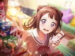 1girl bang_dream! blush brown_hair couch dress holding_phone official_art open_mouth school_uniform short_hair smile snack solo sparkle star_hair_ornament table tears toyama_kasumi violet_eyes