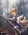  1girl absurdres animal_ear_fluff animal_ears aqua_hairband arknights blonde_hair blue_hairband bug butterfly close-up commentary daylightallure earpiece english_commentary fox_ears fox_girl fox_tail grey_hairband hair_ears hair_rings hairband highres insect kitsune kyuubi looking_at_viewer multiple_tails oripathy_lesion_(arknights) stairs stone_stairs suzuran_(arknights) tail window 