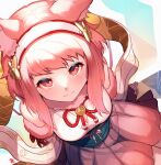  1girl animal_ear_fluff animal_ears blush breasts commentary_request eyebrows_visible_through_hair fire_emblem fire_emblem_fates fire_emblem_heroes fox_ears hairband highres japanese_clothes looking_at_viewer looking_up nakabayashi_zun obi pink_hair pleated_skirt red_eyes sakura_(fire_emblem) sash short_hair sidelocks skirt smile solo 