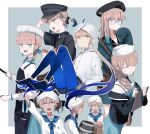  1girl 1other 6+boys apron baker_nemo_(fate) bangs beret black_headwear black_jacket blue_background blue_hair blue_legwear blunt_bangs braid brown_hair captain_nemo_(fate) clipboard closed_eyes commentary_request engineer_nemo_(fate) eyebrows_behind_hair fate/grand_order fate_(series) glasses gradient_hair green_eyes hat hat_feather high_heels highres jacket long_hair long_sleeves marine_nemo_(fate) milky-volant multicolored_hair multiple_boys nemo_series_(fate) nurse_cap nurse_nemo_(fate) open_mouth pantyhose professor_nemo_(fate) round_eyewear sailor_collar semi-rimless_eyewear shirt shorts sleeves_past_wrists smile turban twintails two-tone_background uniform white_background white_headwear 