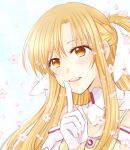  1girl :d asuna_(stacia) bangs blonde_hair braid brown_eyes cherry_blossoms choker detached_sleeves finger_to_mouth floating_hair french_braid gloves hair_between_eyes hair_ornament index_finger_raised kanaoto_neiro long_hair open_mouth shushing smile solo sword_art_online very_long_hair white_background white_choker white_gloves white_sleeves 