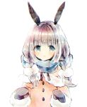  1girl animal_ears black_mittens blue_eyes blue_scarf blush braid brown_capelet brown_coat capelet closed_mouth coat fur-trimmed_capelet fur-trimmed_sleeves fur_trim grey_hair highres kikka_(kicca_choco) long_hair long_sleeves looking_at_viewer mittens original rabbit_ears scarf simple_background solo twin_braids upper_body white_background 