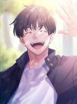  1boy :d ^_^ bangs black_hair black_jacket closed_eyes day facing_viewer gakuran haibara_yu hand_up highres jacket jujutsu_kaisen male_focus open_mouth outdoors school_uniform shirt short_hair smile solo tsuu_(tu-3) upper_body upper_teeth waving white_shirt 