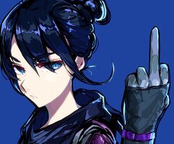  1girl apex_legends black_gloves black_hair black_scarf blue_background bodysuit expressionless eyebrows_visible_through_hair floating_hair gloves hair_behind_ear hair_bun middle_finger nitogebeto scarf solo upper_body v-shaped_eyebrows wraith_(apex_legends) 