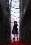 1girl alley black_hair blood blood_on_ground blood_trail bloody_knife commentary dress expressionless full_body highres holding holding_knife hood hood_down hooded_jacket irusu_(kakimiira) jacket knife original outdoors power_lines red_eyes short_hair solo 