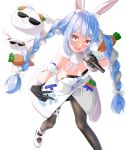  1girl :d animal_ear_fluff animal_ears bangs bare_shoulders black_gloves black_legwear black_leotard blue_hair braid breasts bunny_tail carrot_hair_ornament coat creature detached_sleeves don-chan_(usada_pekora) food_themed_hair_ornament foot_out_of_frame full_body fur-trimmed_coat fur-trimmed_gloves fur_scarf fur_trim garters gloves hair_ornament highres hikimayu holding holding_microphone hololive leotard leotard_under_clothes long_hair looking_at_viewer mary_janes microphone multicolored_hair nousagi_(usada_pekora) open_mouth orange_eyes pantyhose playboy_bunny puffy_short_sleeves puffy_sleeves rabbit rabbit_ears red_eyes scarf shoes short_eyebrows short_sleeves simple_background single_garter small_breasts smile solo strapless strapless_coat strapless_leotard swept_bangs tail thick_eyebrows throwing twin_braids twintails two-tone_hair upper_teeth usada_pekora virtual_youtuber white_background white_coat white_footwear white_hair white_scarf white_sleeves yakatora 