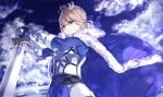  1girl ahoge armor armored_dress artoria_pendragon_(all) bangs blonde_hair blue_cape blue_dress blue_sky breastplate cape clouds cloudy_sky commentary_request crown dress excalibur_(fate/stay_night) eyebrows_visible_through_hair fate/grand_order fate_(series) from_below from_side fur-trimmed_cape fur_trim gauntlets green_eyes hair_between_eyes highres long_sleeves looking_at_viewer medium_hair saber sidelocks sky solo sword tomas_(kaosu22) upper_body weapon wind 
