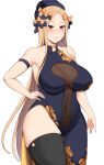  1girl abigail_williams_(fate) bangs bare_shoulders black_bow black_dress black_headwear black_legwear blonde_hair blush bow breasts china_dress chinese_clothes collarbone dantes_ward dress fate/grand_order fate_(series) forehead hair_bow hat highres large_breasts long_hair looking_at_viewer multiple_bows older orange_bow parted_bangs red_eyes sidelocks smile thigh-highs thighs 
