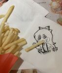  1girl bow cropped_torso eating eyebrows_visible_through_hair food french_fries fujiwara_no_mokou hair_bow highres holding holding_food jokanhiyou long_hair mcdonald&#039;s napkin no_nose open_mouth photo_(medium) sketch solo symbol_commentary tagme touhou traditional_media upper_body 