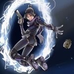  1girl airborne apex_legends bangs black_gloves black_hair blue_eyes bodysuit breasts explosive gloves glowing glowing_eyes grenade gun hair_bun handgun highres holding holding_gun holding_weapon jumping medium_breasts mohrefa open_hand pistol portal_(object) purple_scarf scarf science_fiction smile solo spikes throwing twisted_torso weapon wraith_(apex_legends) 