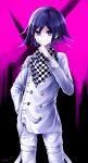  1boy absurdres bangs black_background checkered checkered_neckwear checkered_scarf commentary_request cowboy_shot danchu_(danchu0628) dangan_ronpa_(series) dangan_ronpa_v3:_killing_harmony double-breasted hair_between_eyes hand_in_pocket hand_up highres index_finger_raised jacket long_arms long_sleeves looking_at_viewer male_focus ouma_kokichi pants pink_background purple_hair scarf short_hair smile solo standing straitjacket violet_eyes white_jacket 