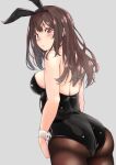  1girl animal_ears arms_at_sides ass back bare_shoulders blush breasts brown_eyes brown_hair cowboy_shot cuffs degicat fake_animal_ears from_behind grey_background highres idolmaster idolmaster_shiny_colors large_breasts long_hair looking_back looking_to_the_side pantyhose playboy_bunny rabbit_ears sideboob simple_background solo tsukioka_kogane 